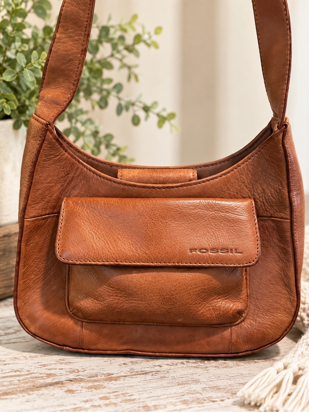 Vintage Fossil Cognac Brown Genuine Leather Shoulder Bag Y2K Boho
